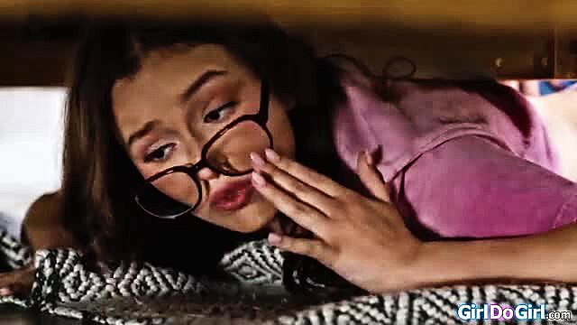 Leana Lovings stuck under bed, glasses on, sexy pose ready for stepmom Lexi Luna spank