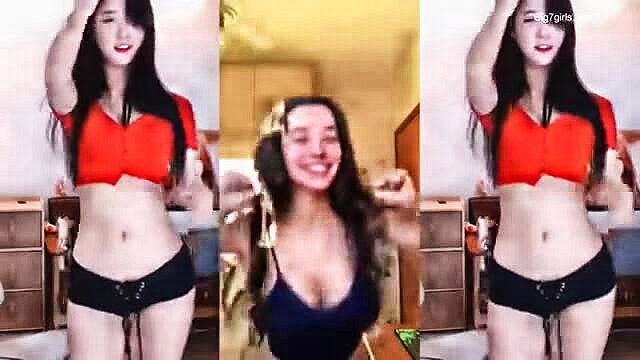 Naughty Asian TikTok teens dancing in sexy red tops and shorts