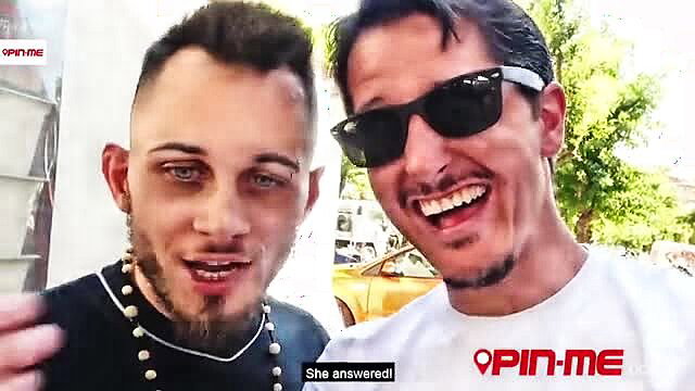 Two smiling men with sunglasses outdoors by yellow car, Pin-Me adult video thumbnail