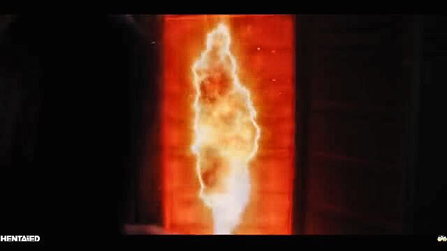Emiri Momota in fiery hentai glow, intense red flame monster silhouette