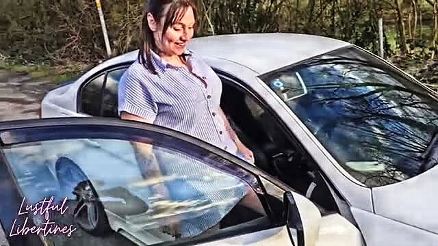 Lustful Libertines MILF leaning into car door, teasing upskirt outdoors