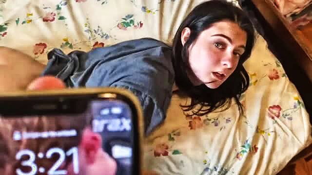 Hot brunette amateur POV on floral bed, shocked face closeup