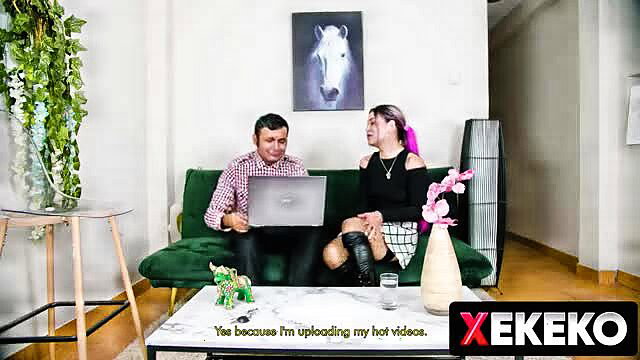 Lacey Little and Lacey Johnson uploading hot vids on laptop in lingerie