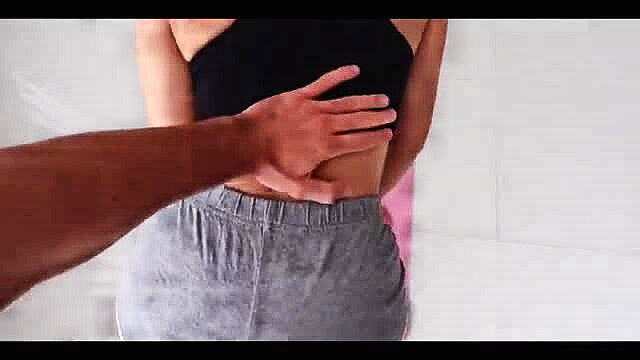 Hot white girl in tight black top and grey sweats groped from behind by black hand