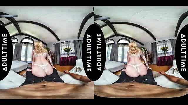 Blonde bombshell rides cock reverse cowgirl in immersive VR closeup