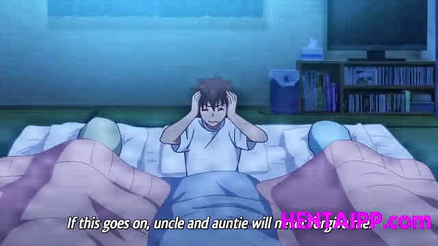 Anime boy panics in bed with stepsister auntie hentai seduction scene