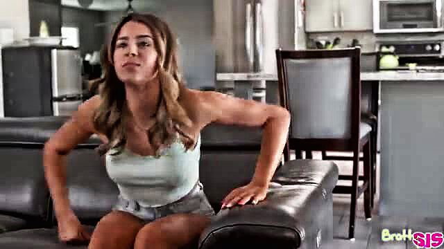 Kylie Rocket in tight tank top and shorts on couch, stepsis nudist tease