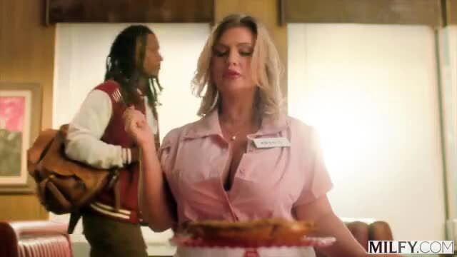 Andie Anderson MILF in pink blouse with BBC guy at table