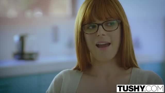 Lana Rhoades glasses smile in Tushy anal escort scene