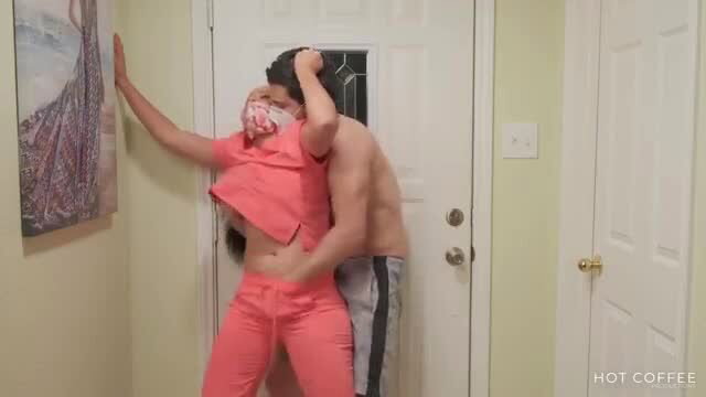 Latina nurse in scrubs groped by man at door, big ass tease