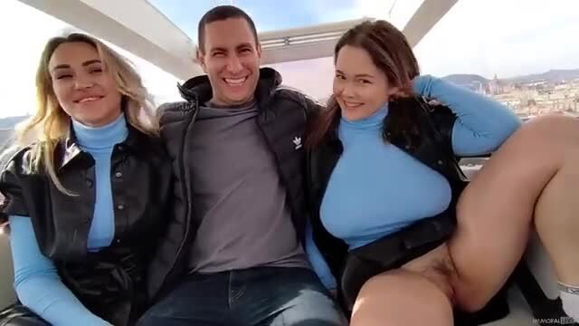 Lucky guy enjoys public flashing with two hot blondes in turtlenecks