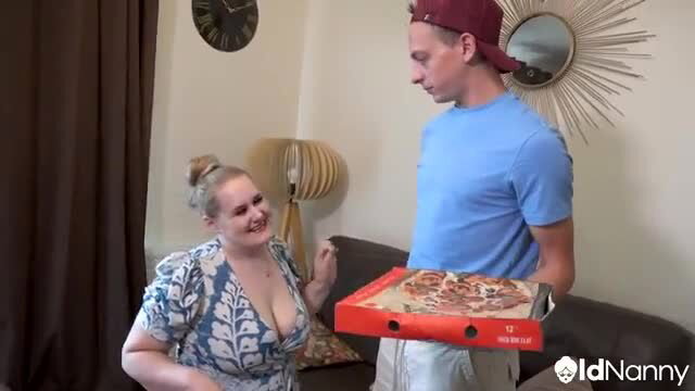 Busty blonde MILF in cleavage dress greets pizza guy delivery