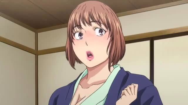 Shocked hentai mom in kimono with flushed face and big eyes