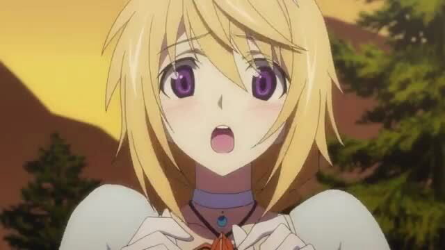 Shocked blonde anime cat girl with purple eyes in outdoor scene