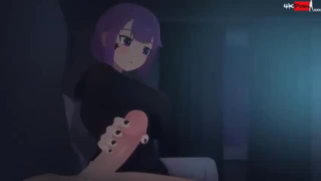 Purple-haired anime girl handjobs giant dildo in hot hentai