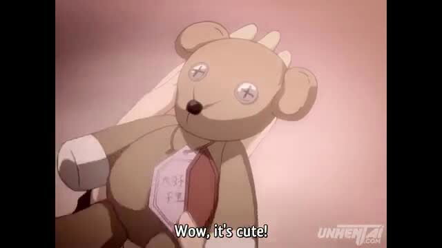 Cute anime teddy bear plush toy with heart tag, kawaii style