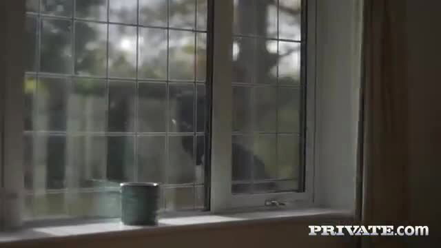 Blonde babe spying through window, big tits in tight top by window