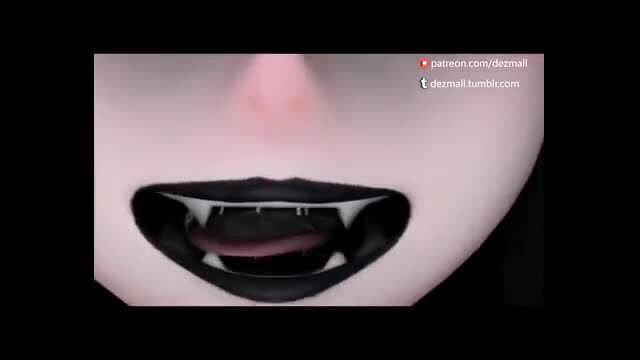 Closeup of pale vampire woman flashing black fangs and tongue in erotic tease