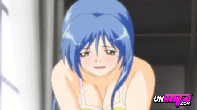 Busty blue-haired hentai girl in skimpy bikini, flushed face