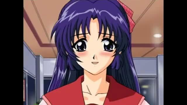 Cute Japanese anime girl with long purple hair, red ribbon, school uniform smile