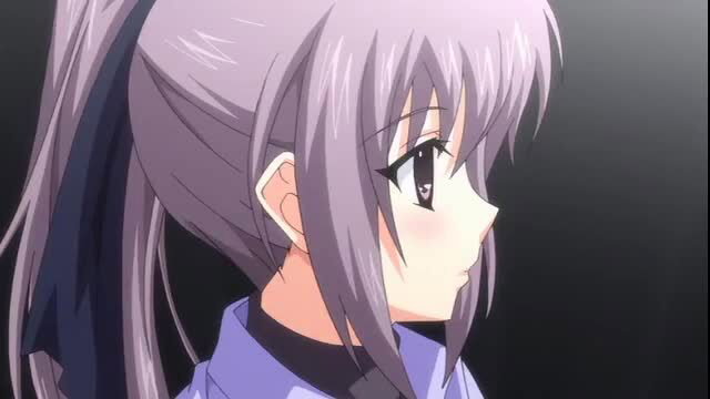Anime hentai girl with long purple ponytail, blushing side profile closeup