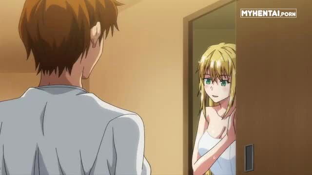 Blonde anime girl in lingerie teases guy at door in hentai scene