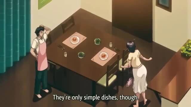 Anime JAV MILF in skirt bends over table with apron guy in kitchen