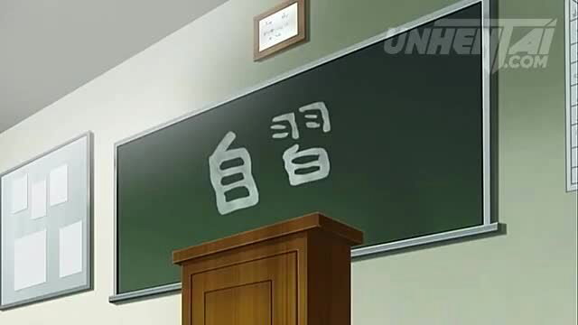 Asian lesbian teacher and virgin student in classroom on chalkboard