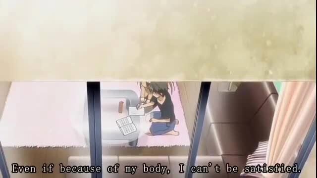 Sad anime girl in skirt kneeling on floor, frustrated expression, JAV hentai style