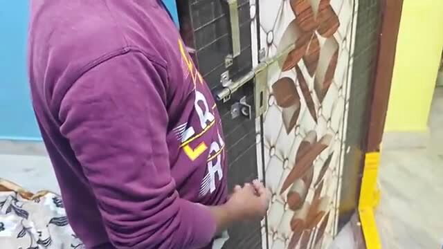 Desi maid in purple hoodie unlocking door in hot homemade tease