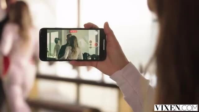 Avery Cristy and Naomi Swann watch phone video, hot lingerie tease