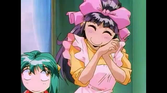 Anime girls Lady Blue and green-haired friend smiling in aprons, ep 4