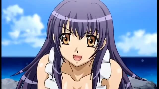 Busty purple-haired hentai anime girl smiling in skimpy beachwear