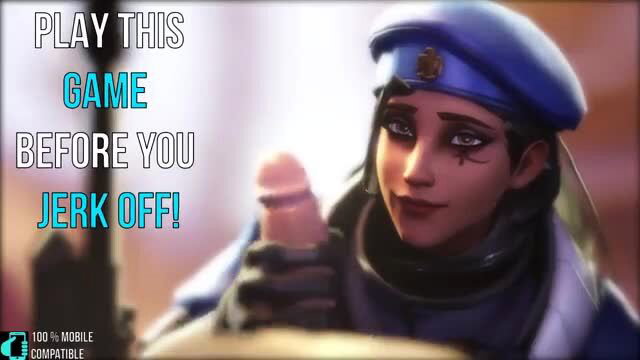 Overwatch Tracer blue beret cosplay babe holds cock before jerk off