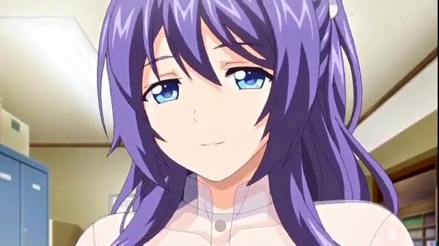 Purple-haired anime JAV girl in tight white uniform smiles seductively