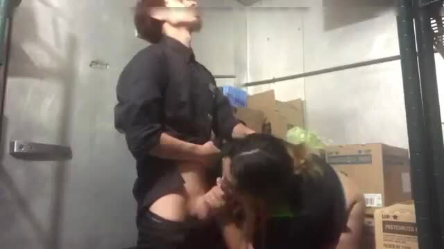 Skinny guy fucks chubby colleague in work storage room