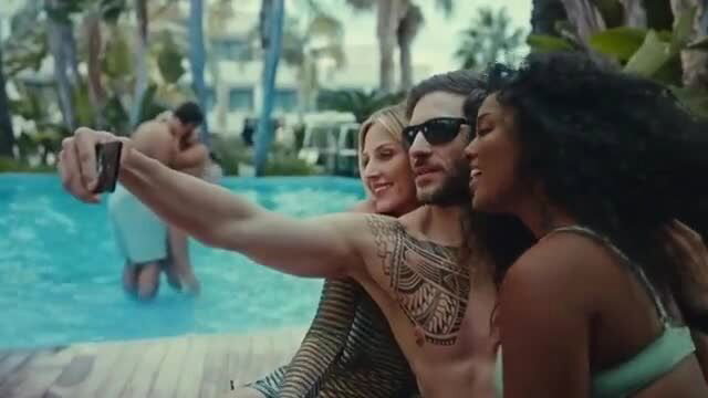 Ursula Corbero topless pool selfie with hunks in Burning Body