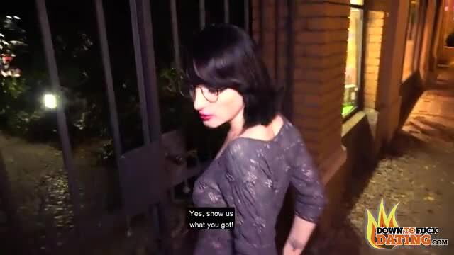 Lou Nesbit in sexy purple dress, teasing outdoors at night