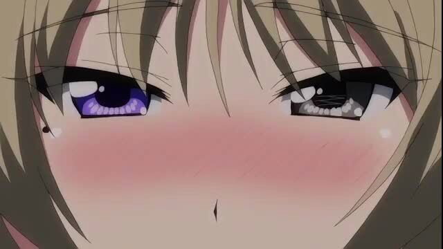 Blushing anime girl with heterochromia eyes, close-up ahegao blush face