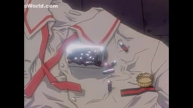 Anime hentai girl in open school uniform with glowing pill jar and bullets