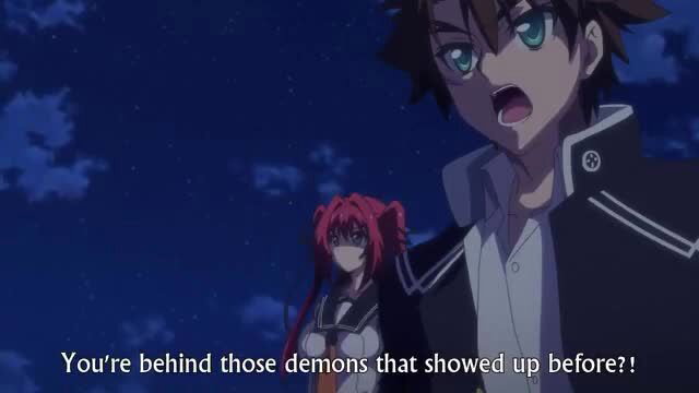 Anime couple confrontation: black-haired guy accuses red-haired girl behind demons