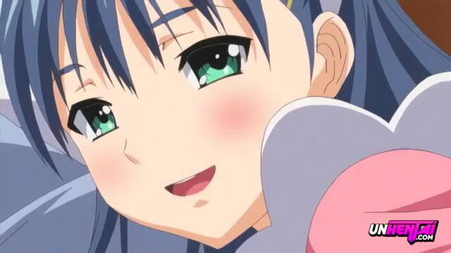 Cute anime hentai girl with green eyes and blue hair blushing happily