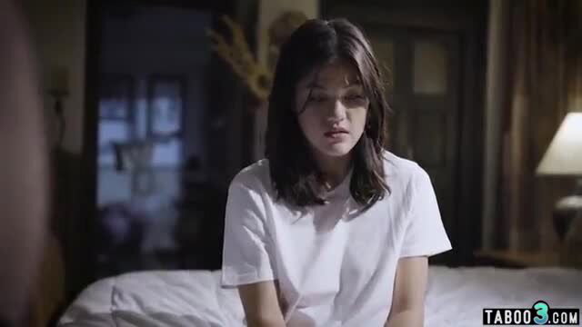 Sad Asian teen babe in white tee gets taboo stepdad treatment