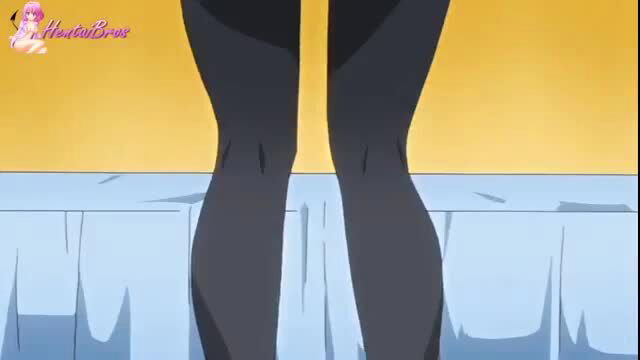 Anime hentai girl in black stockings bent over bed, sexy legs view