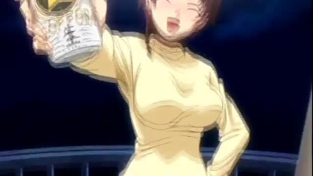 Excited Japanese anime girl holding trophy, big tits in tight turtleneck sweater
