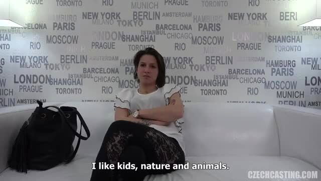 Pretty brunette amateur girl on couch, likes kids nature animals, Czech casting