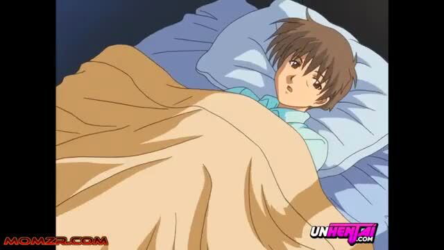 Anime girl in pajamas seduces roommate in bed, chesty hentai scene