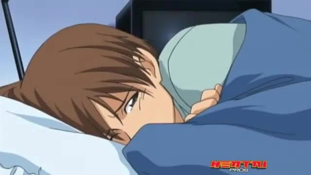 Anime hentai mom in bed, sleepy eyes, teaching sex life