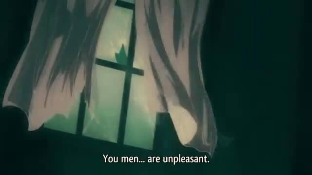 Anime busty harlot in curtained window sneers 'You men are unpleasant'