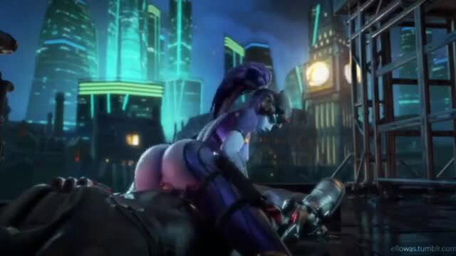 3D Overwatch Widowmaker big ass cowgirl punishing criminal in neon city